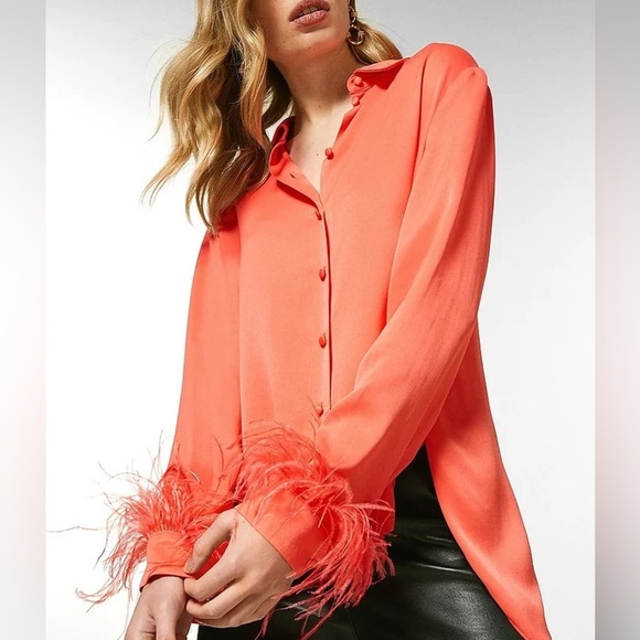 Karen Millen Satin Crepe Feather Trim Black Layered Black Blouse - Picture 2 of 11